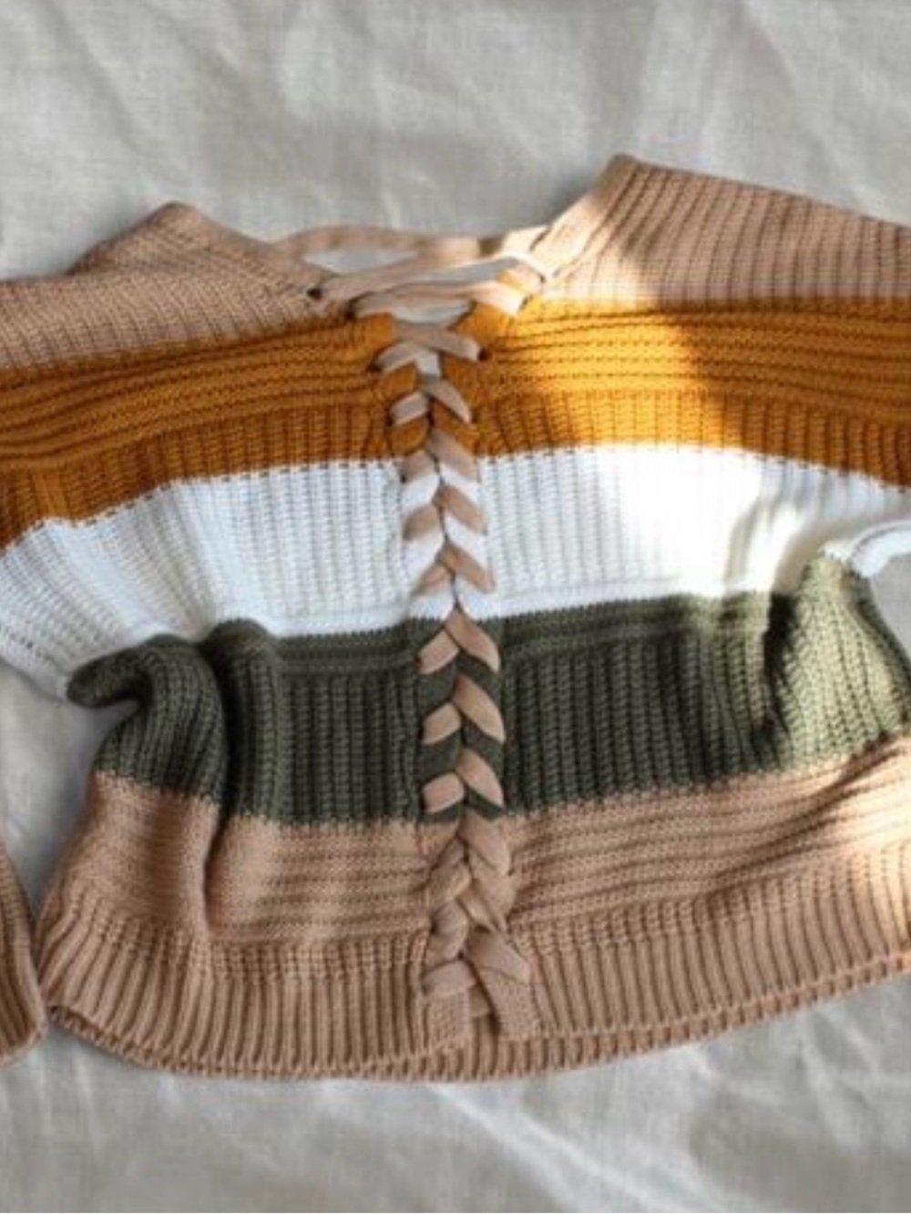Striped Lace-Up Knit Sweater in Mustard, White, Olive, and Beige